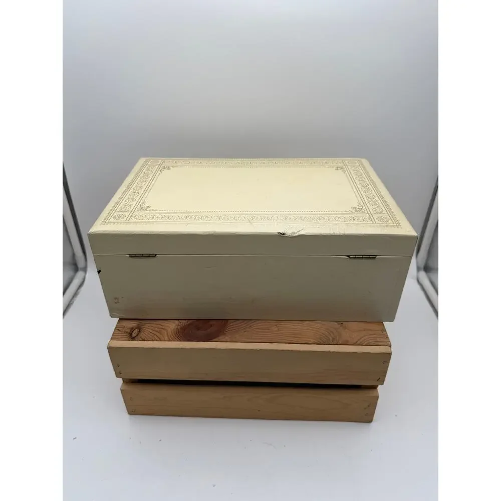 Vintage Off-White Faux Leather MultiTier Jewelry Box w/Gold Embossing/Blue Liner